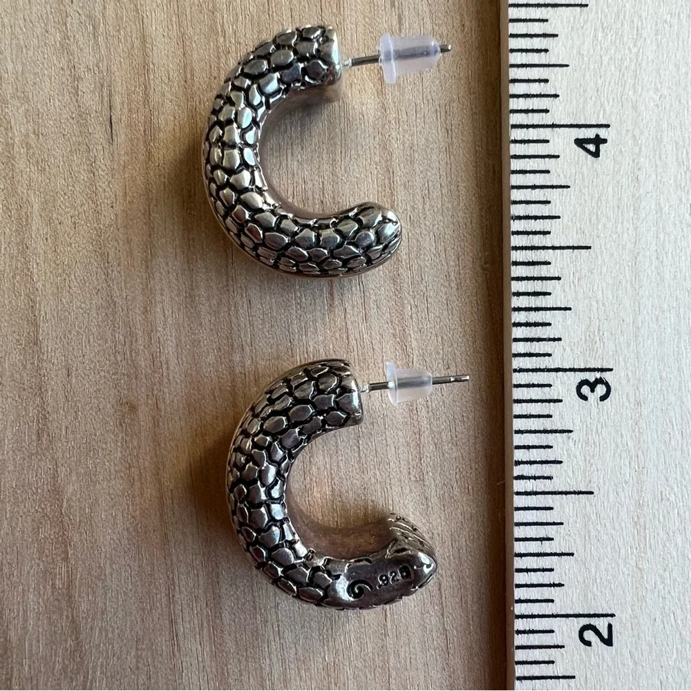 925 Sterling silver Puffy open hoop earrings with oxidized snake skin texture
